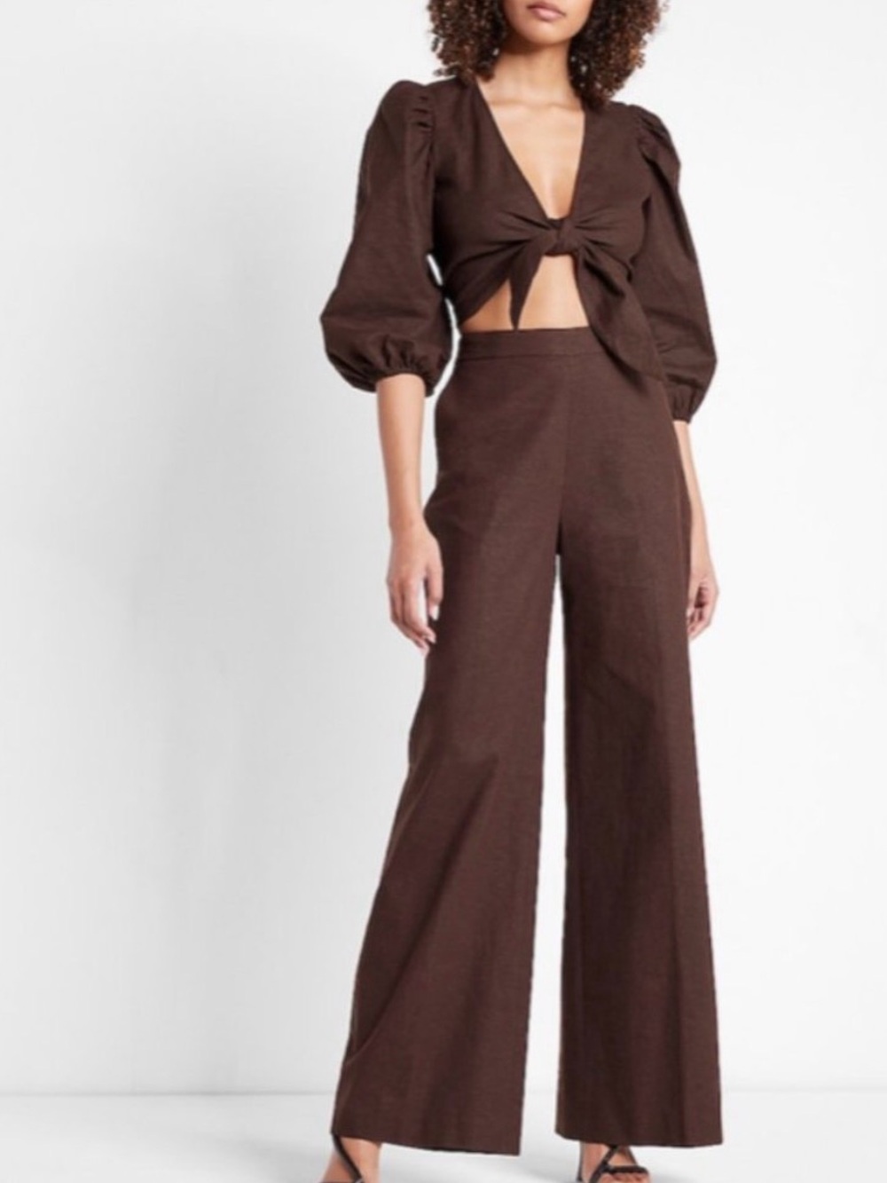 XXS EXPRESS linen-blend wide leg brown high waist pant. Petite-friendly! Comfy!